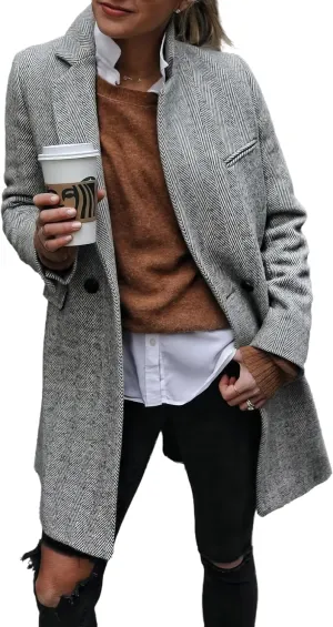 IDEALSANXUN Womens Herringbone Wool Coat Fall Winter Long Blazer Jackets Trench Coat
