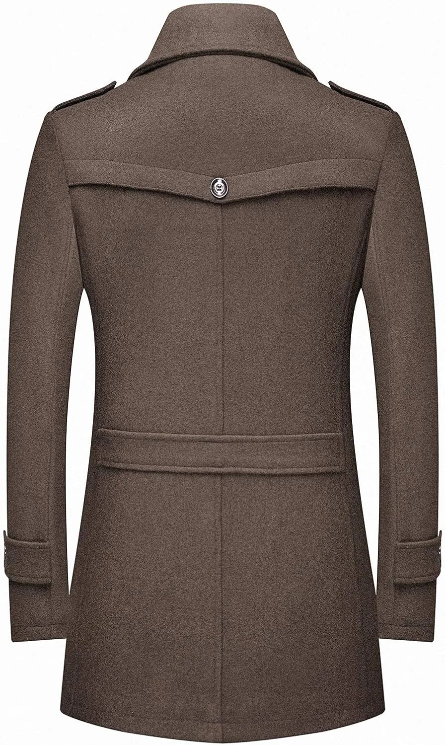 INVACHI Men's Wool Blend Coat Warm Winter Trench Coat with Detachable Soft Scarf Single Breasted Pea Coat