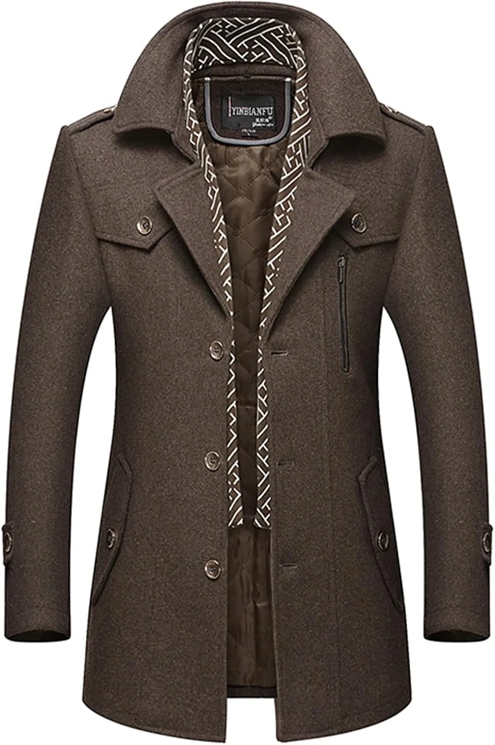 INVACHI Men's Wool Blend Coat Warm Winter Trench Coat with Detachable Soft Scarf Single Breasted Pea Coat