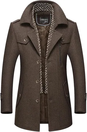 INVACHI Men's Wool Blend Coat Warm Winter Trench Coat with Detachable Soft Scarf Single Breasted Pea Coat