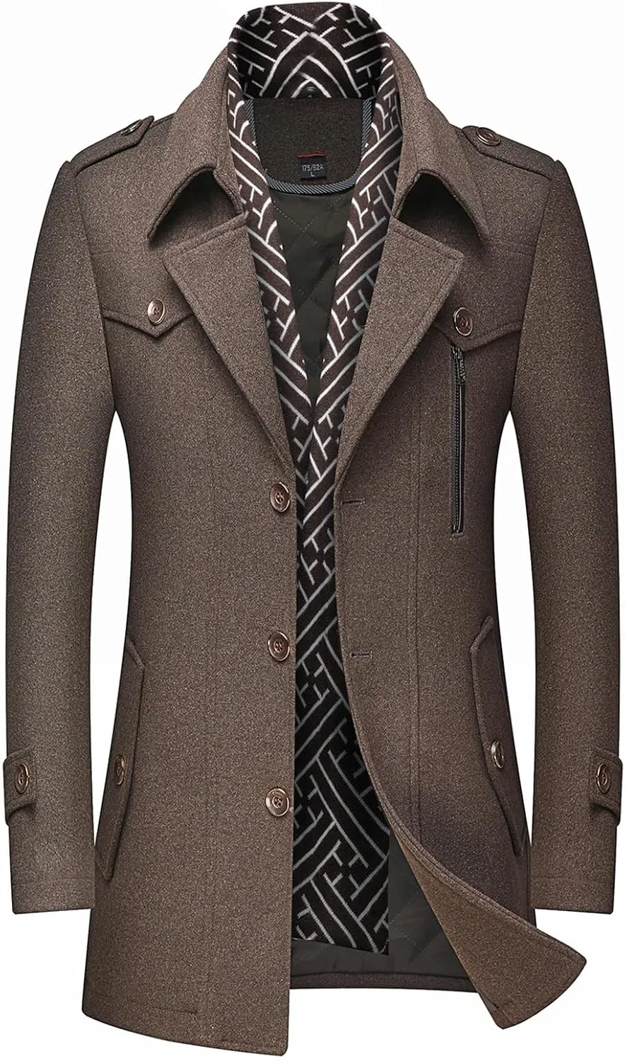 INVACHI Men's Wool Blend Coat Warm Winter Trench Coat with Detachable Soft Scarf Single Breasted Pea Coat
