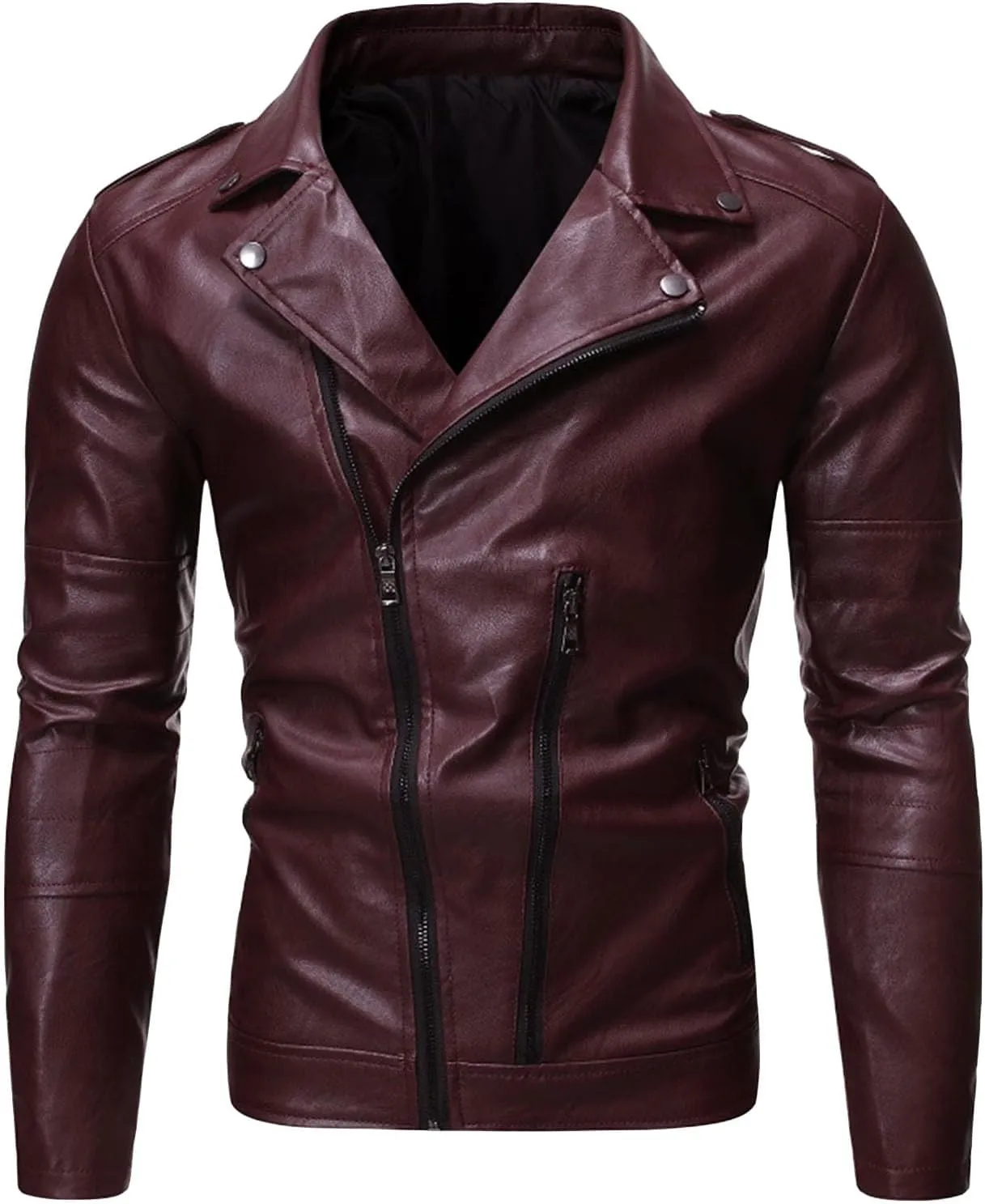 JEsilunmaMY Men's Asymmetric Zip Leather Jacket Suit Collar Fall Winter Motorcycle Bomber Coat Slim Fit Moto Biker Coat