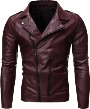 JEsilunmaMY Men's Asymmetric Zip Leather Jacket Suit Collar Fall Winter Motorcycle Bomber Coat Slim Fit Moto Biker Coat