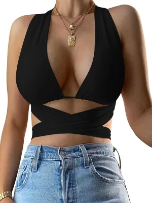 Kaximil Women's Sexy Sleeveless Halter Criss Cross Cami Lace Up Self Tie Tank Crop Tops