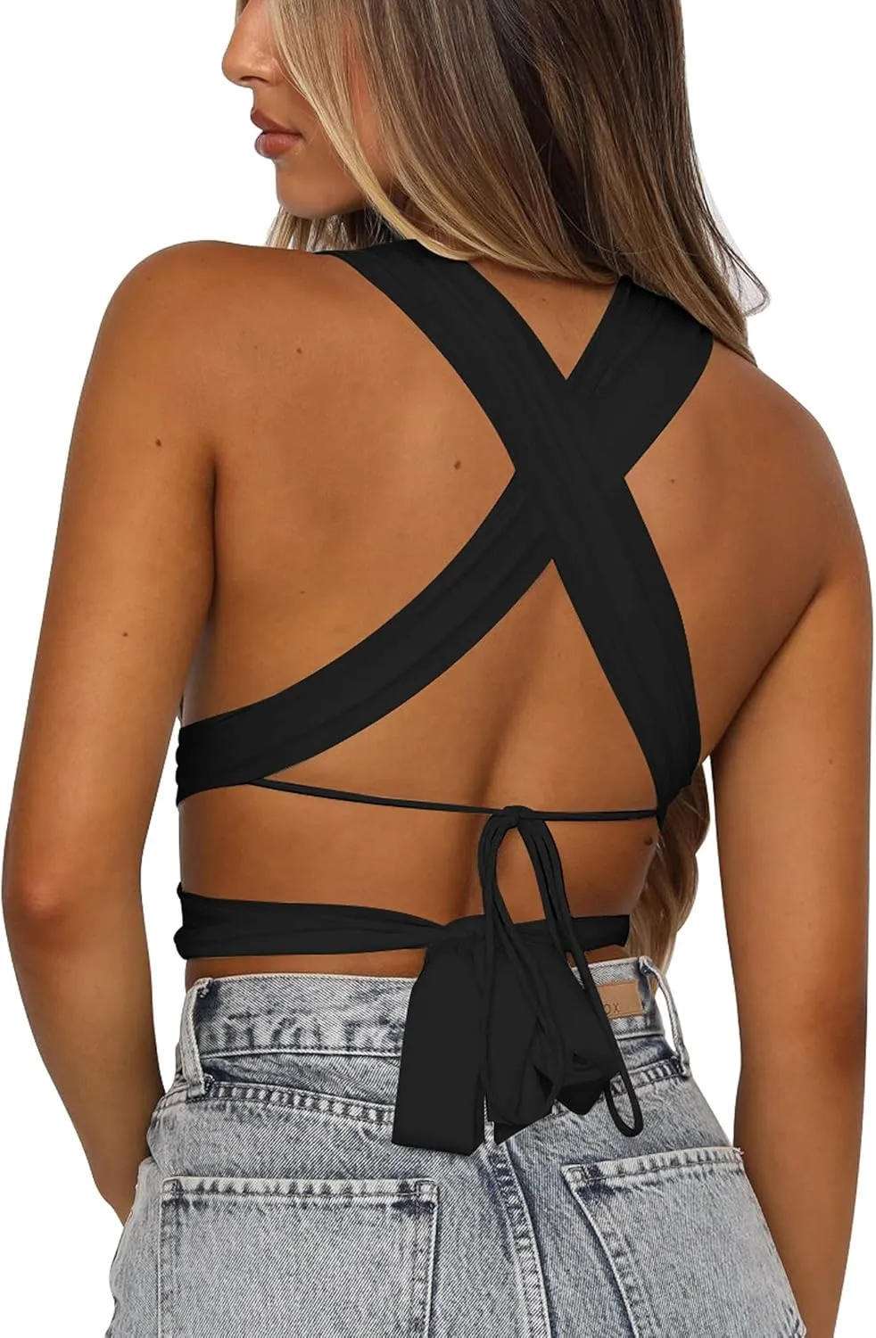 Kaximil Women's Sexy Sleeveless Halter Criss Cross Cami Lace Up Self Tie Tank Crop Tops