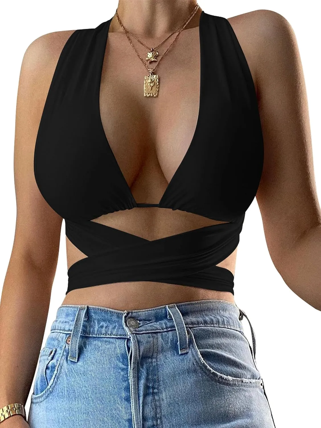 Kaximil Women's Sexy Sleeveless Halter Criss Cross Cami Lace Up Self Tie Tank Crop Tops