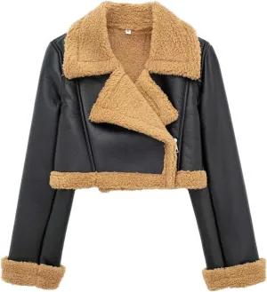 Leather Jacket Women Fleece Lined Warm Winter Biker Moto Coat Faux Shearling Jacket Thicken Cropped Bomber Jackets