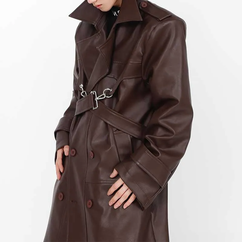 Leather Metal Button Double-layered Coat