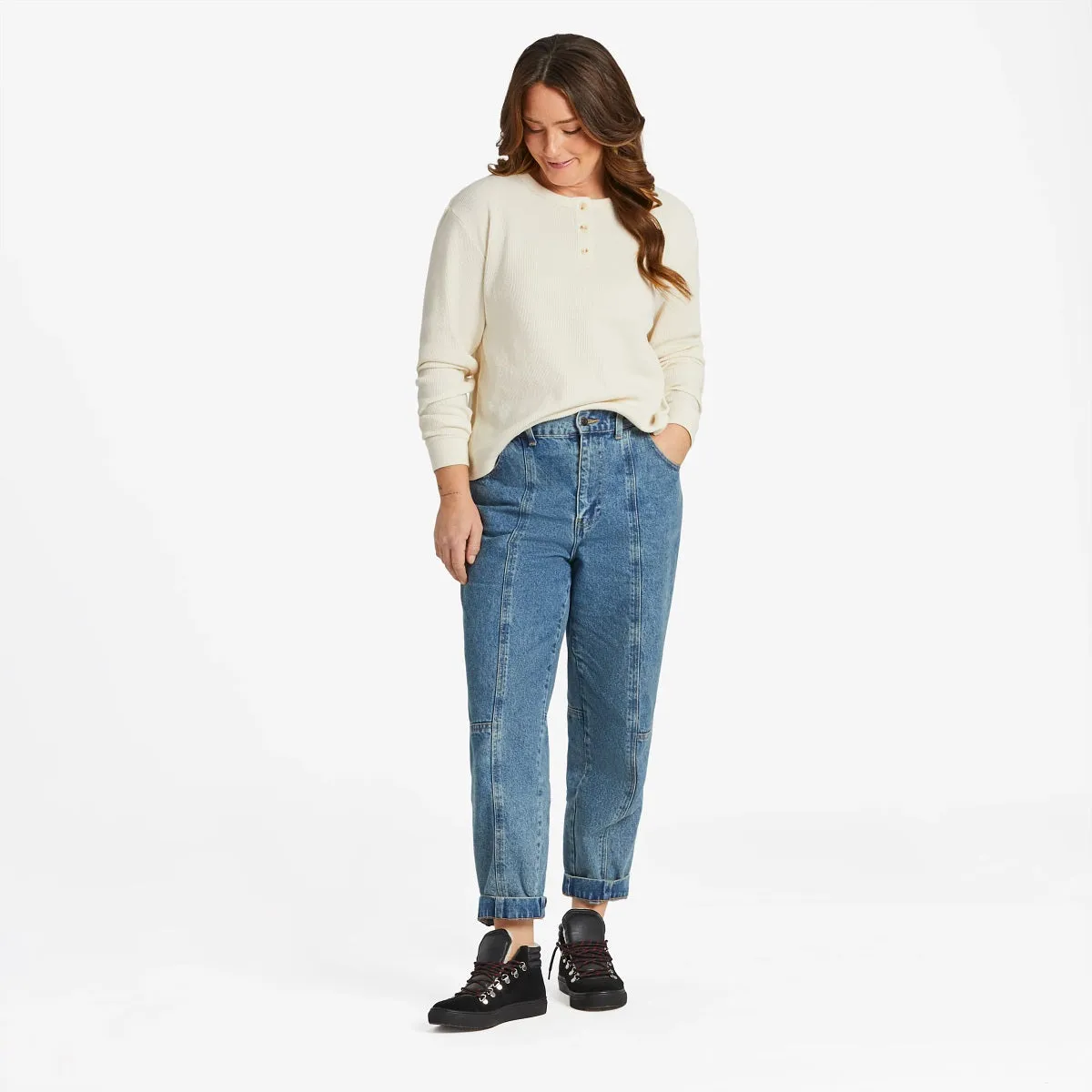Life is Good Women's Solid Boxy Thermal Henley LS Tee, Putty White