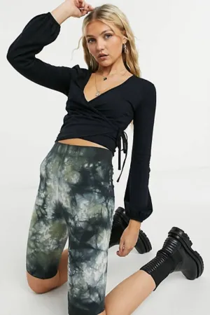 Long Sleeve Ballet Wrap Top In Black