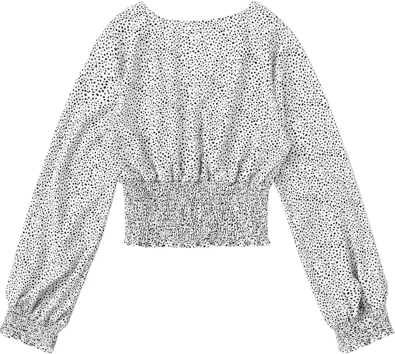 LYANER Women's V Neck Shirred Polka Dots Long Sleeve Frill Crop Blouse Shirt Tops