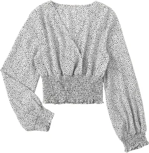 LYANER Women's V Neck Shirred Polka Dots Long Sleeve Frill Crop Blouse Shirt Tops