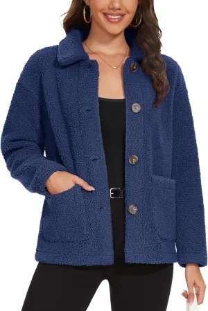 MAGCOMSEN Womens Sherpa Fleece Jackets Fuzzy Warm Winter Jackets Button Down Coat Long Sleeve Outwear with Pockets
