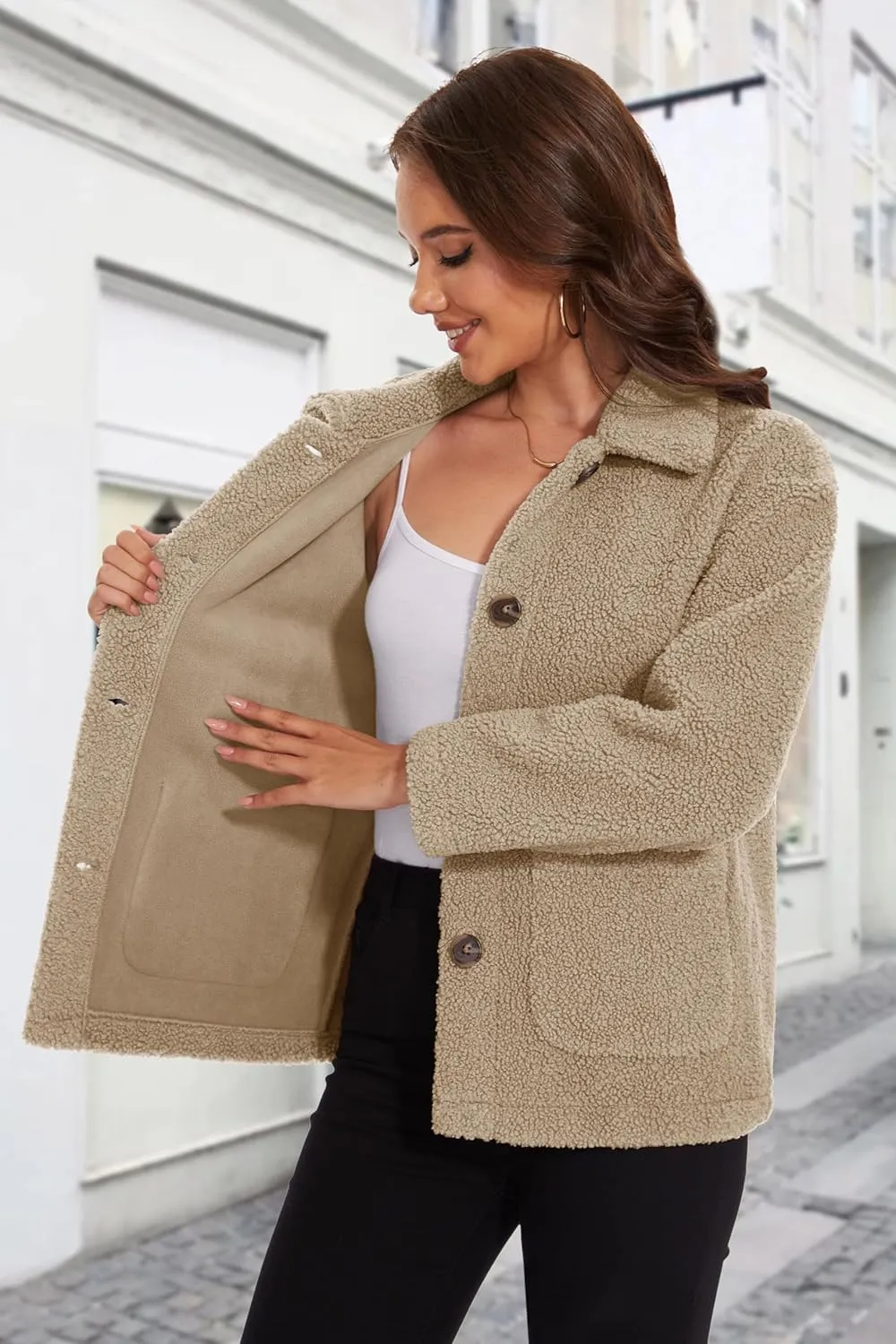 MAGCOMSEN Womens Sherpa Fleece Jackets Fuzzy Warm Winter Jackets Button Down Coat Long Sleeve Outwear with Pockets