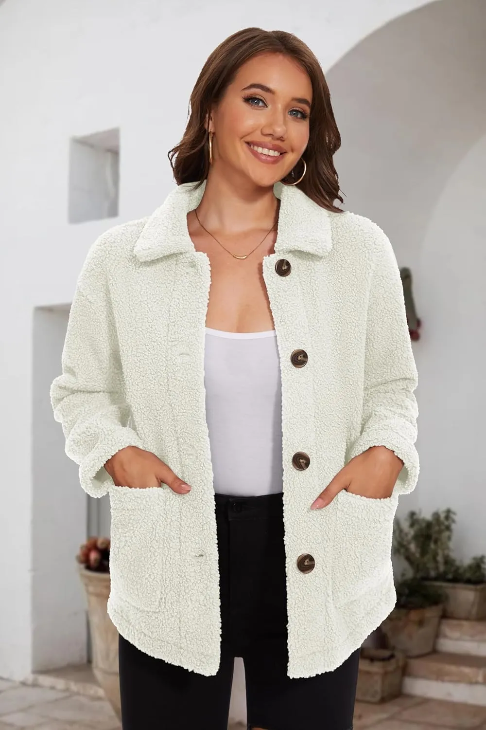 MAGCOMSEN Womens Sherpa Fleece Jackets Fuzzy Warm Winter Jackets Button Down Coat Long Sleeve Outwear with Pockets