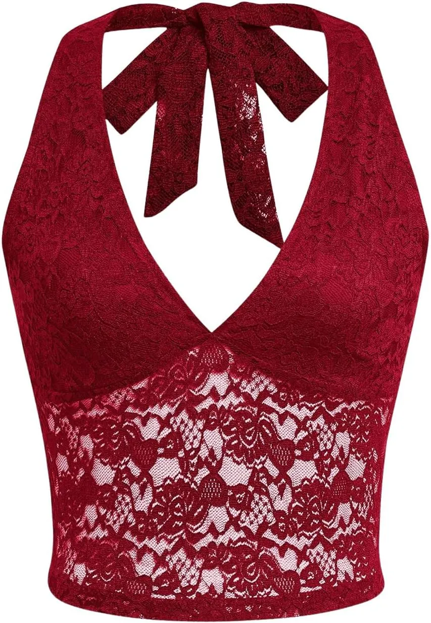 MakeMeChic Women's Halter Tops Mesh Lace Sexy Cute Summer Crop Tank Top