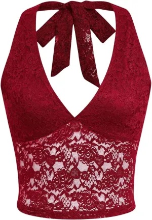 MakeMeChic Women's Halter Tops Mesh Lace Sexy Cute Summer Crop Tank Top