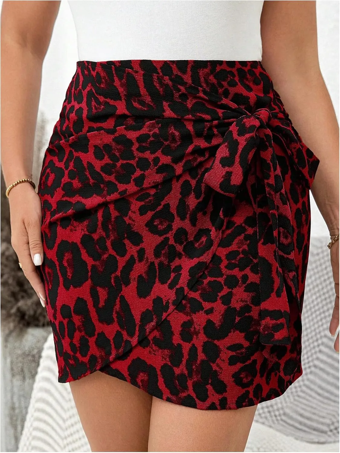 MakeMeChic Women's Plus Size Mini Skirt Leopard Print Wrap Tie Front Short Skirts