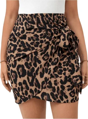 MakeMeChic Women's Plus Size Mini Skirt Leopard Print Wrap Tie Front Short Skirts