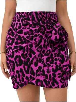 MakeMeChic Women's Plus Size Mini Skirt Leopard Print Wrap Tie Front Short Skirts