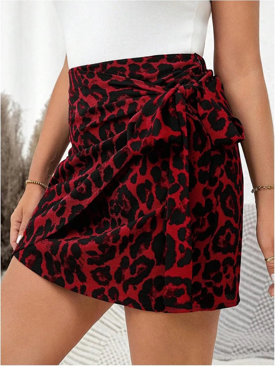 MakeMeChic Women's Plus Size Mini Skirt Leopard Print Wrap Tie Front Short Skirts