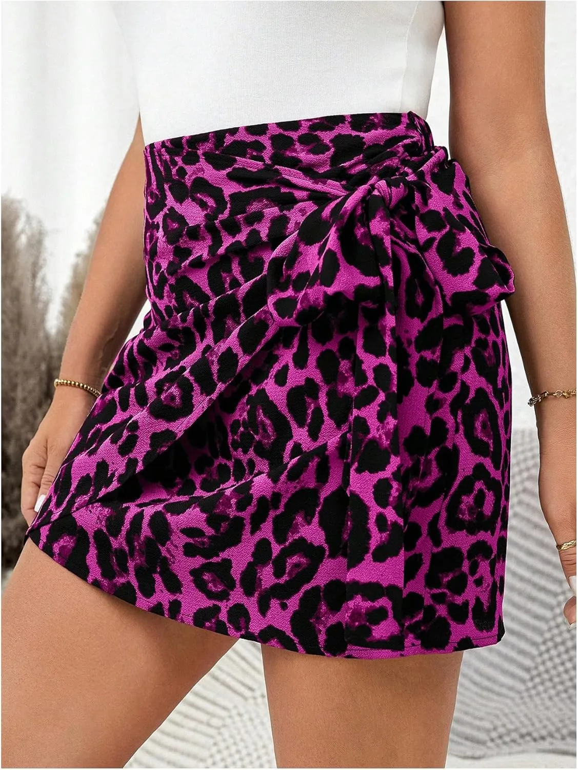 MakeMeChic Women's Plus Size Mini Skirt Leopard Print Wrap Tie Front Short Skirts