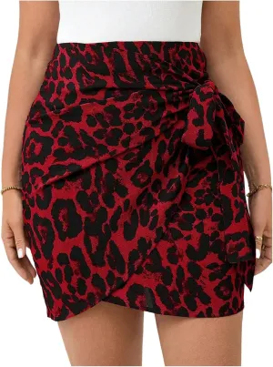 MakeMeChic Women's Plus Size Mini Skirt Leopard Print Wrap Tie Front Short Skirts