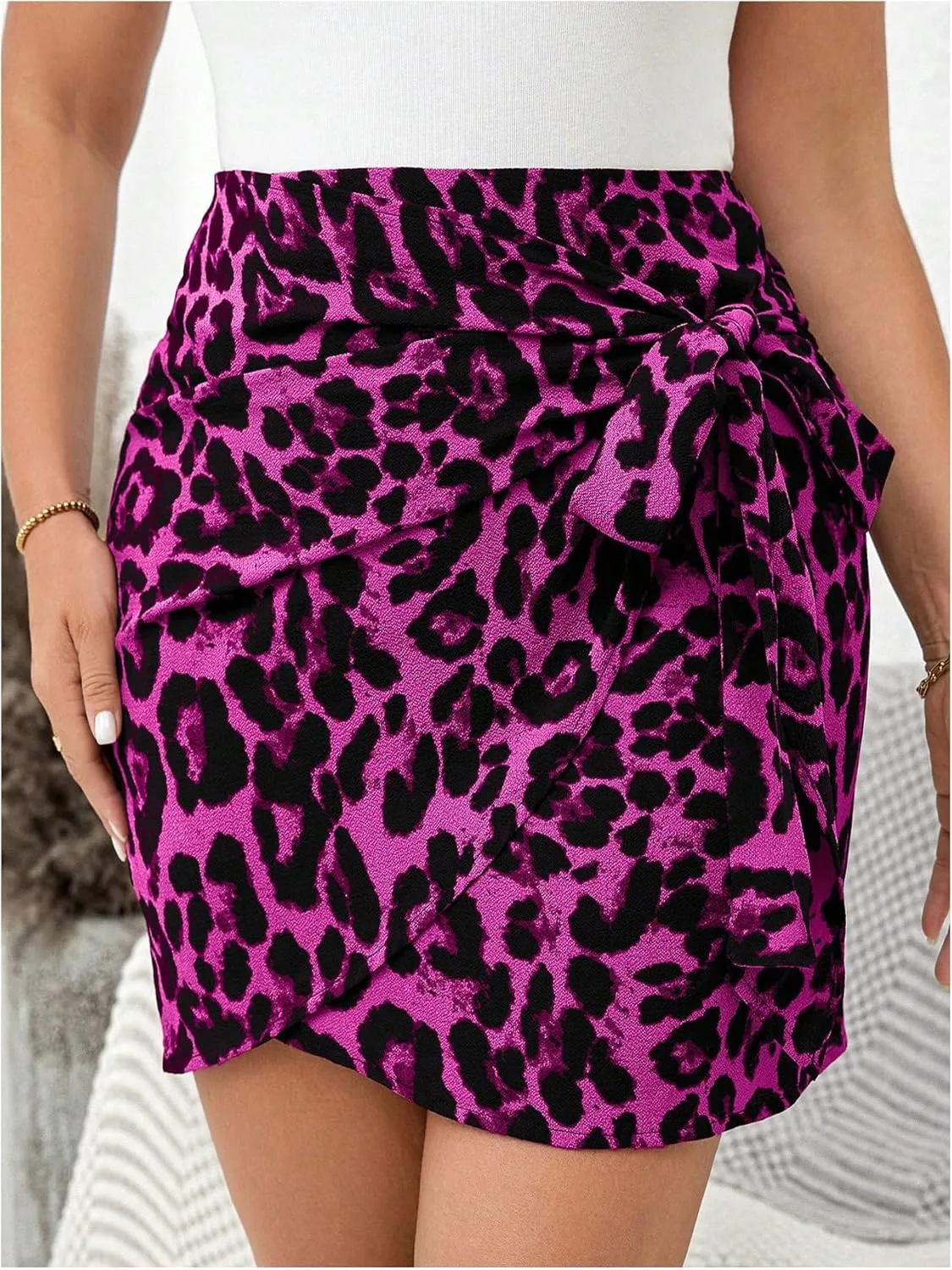 MakeMeChic Women's Plus Size Mini Skirt Leopard Print Wrap Tie Front Short Skirts
