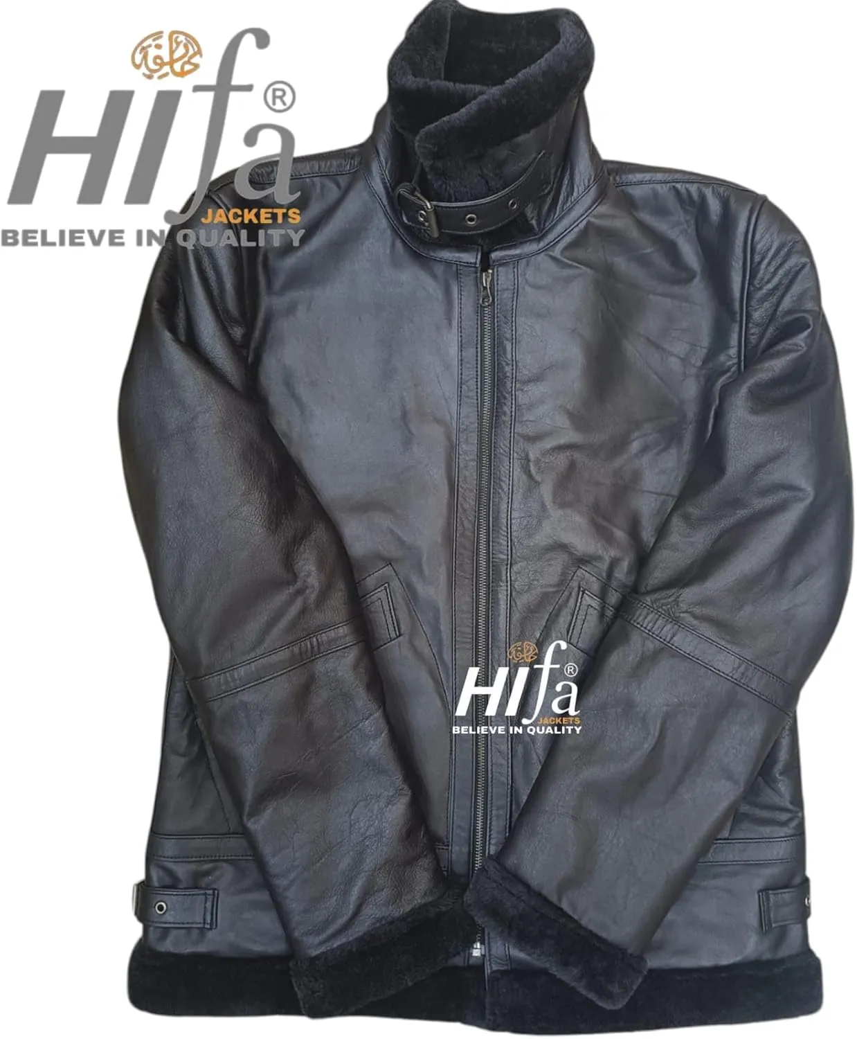 Men's Black B3 Bomber Genuine Lambskin Shearling Leather Jacket - Sherpa Faux Fur Lined Air Force Pilot Military WW2 Inspired