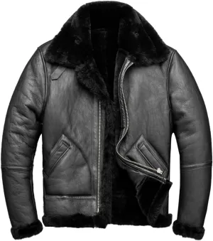 Men's Black B3 Bomber Genuine Lambskin Shearling Leather Jacket - Sherpa Faux Fur Lined Air Force Pilot Military WW2 Inspired