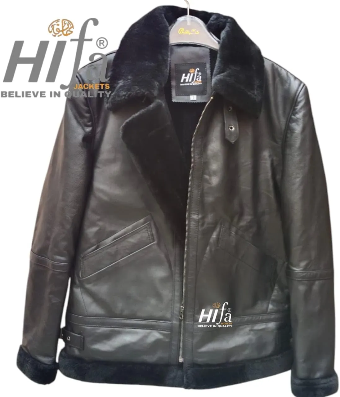 Men's Black B3 Bomber Genuine Lambskin Shearling Leather Jacket - Sherpa Faux Fur Lined Air Force Pilot Military WW2 Inspired