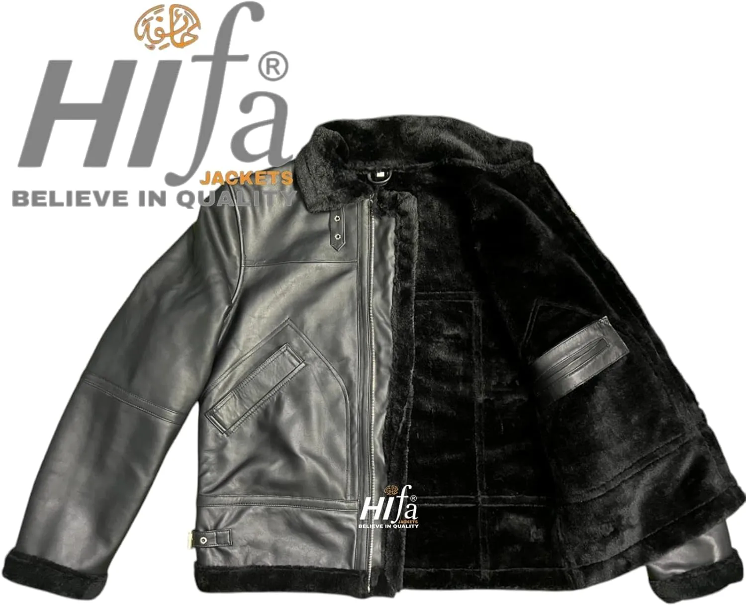 Men's Black B3 Bomber Genuine Lambskin Shearling Leather Jacket - Sherpa Faux Fur Lined Air Force Pilot Military WW2 Inspired