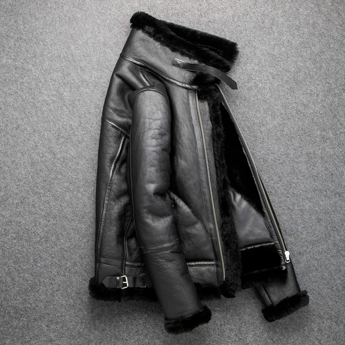 Men's Black B3 Bomber Genuine Lambskin Shearling Leather Jacket - Sherpa Faux Fur Lined Air Force Pilot Military WW2 Inspired