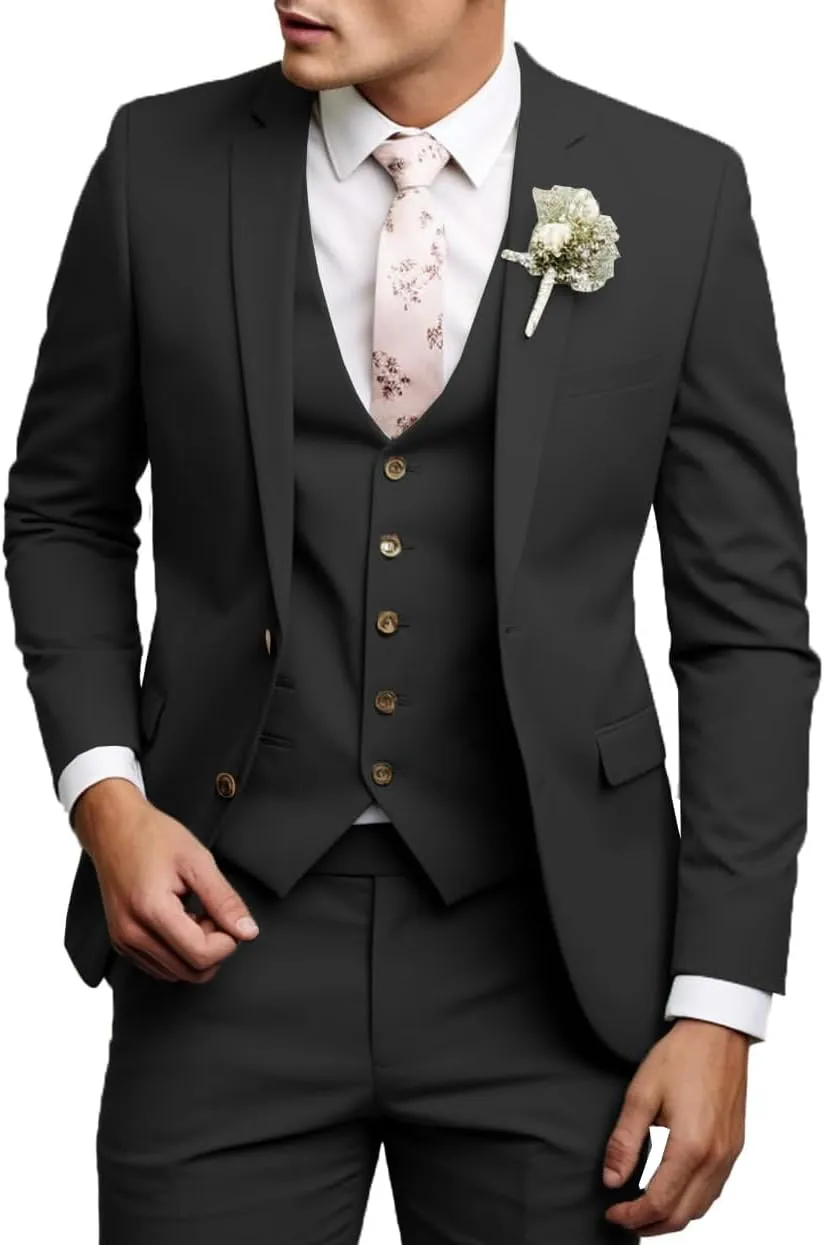 Men's Casual Suit 3 Pieces Slim Fit Wedding Tuxedo Suit Notch Lapel Blazer Vest Pants Formal Business Suits for Men