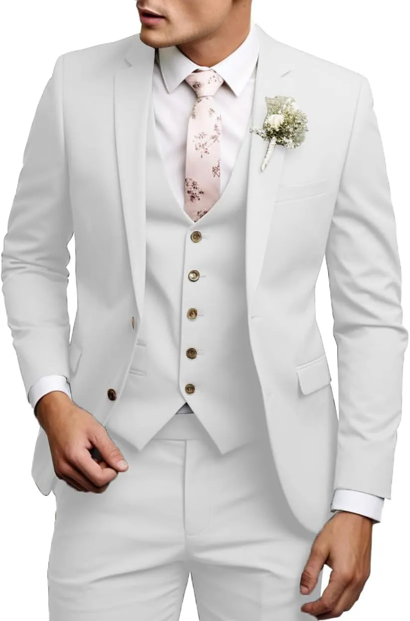Men's Casual Suit 3 Pieces Slim Fit Wedding Tuxedo Suit Notch Lapel Blazer Vest Pants Formal Business Suits for Men