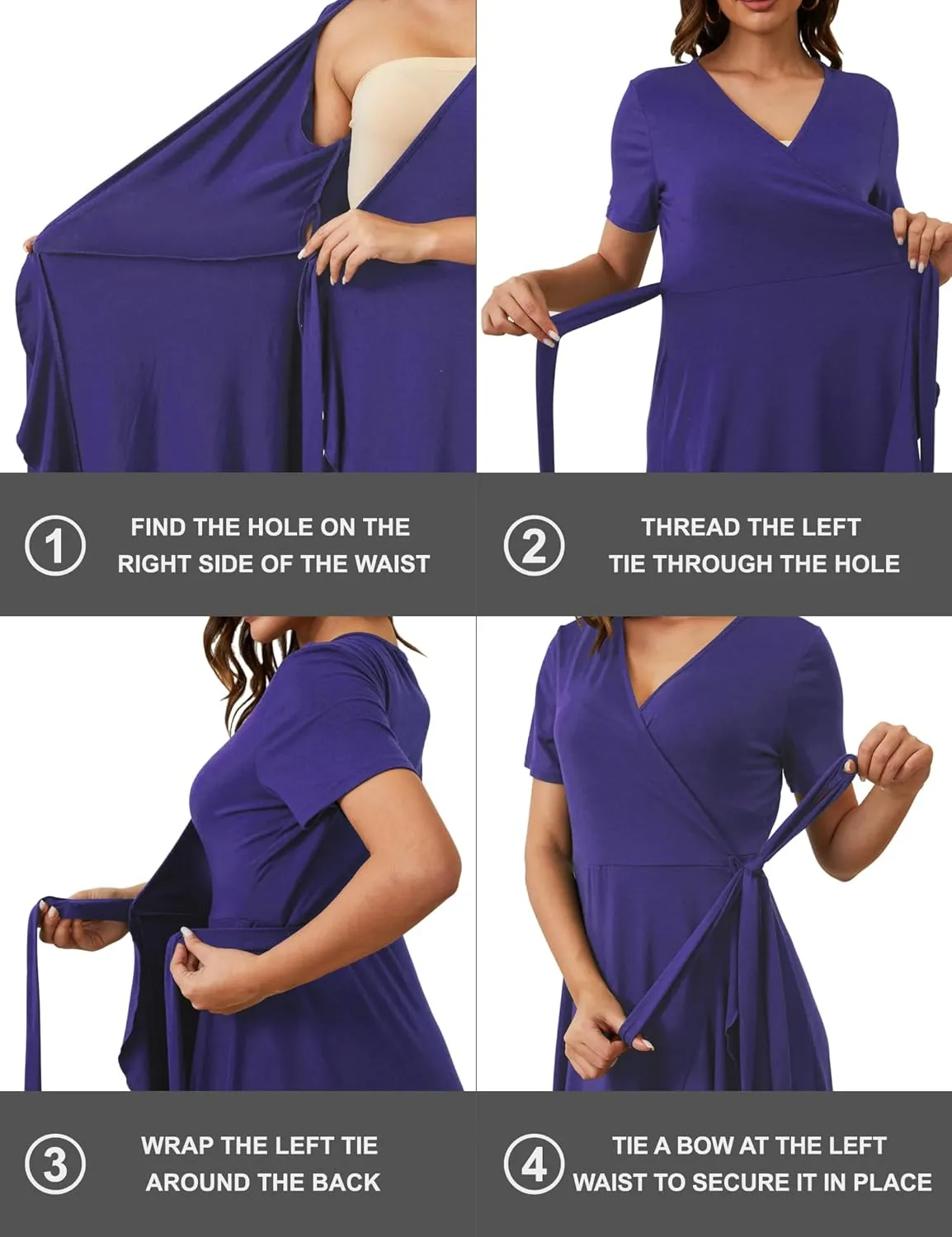 MIDNIGHTSUN Women's Wrap Dress V Neck Short Sleeve Waist Tie Ruffle Split Midi Casual Dress