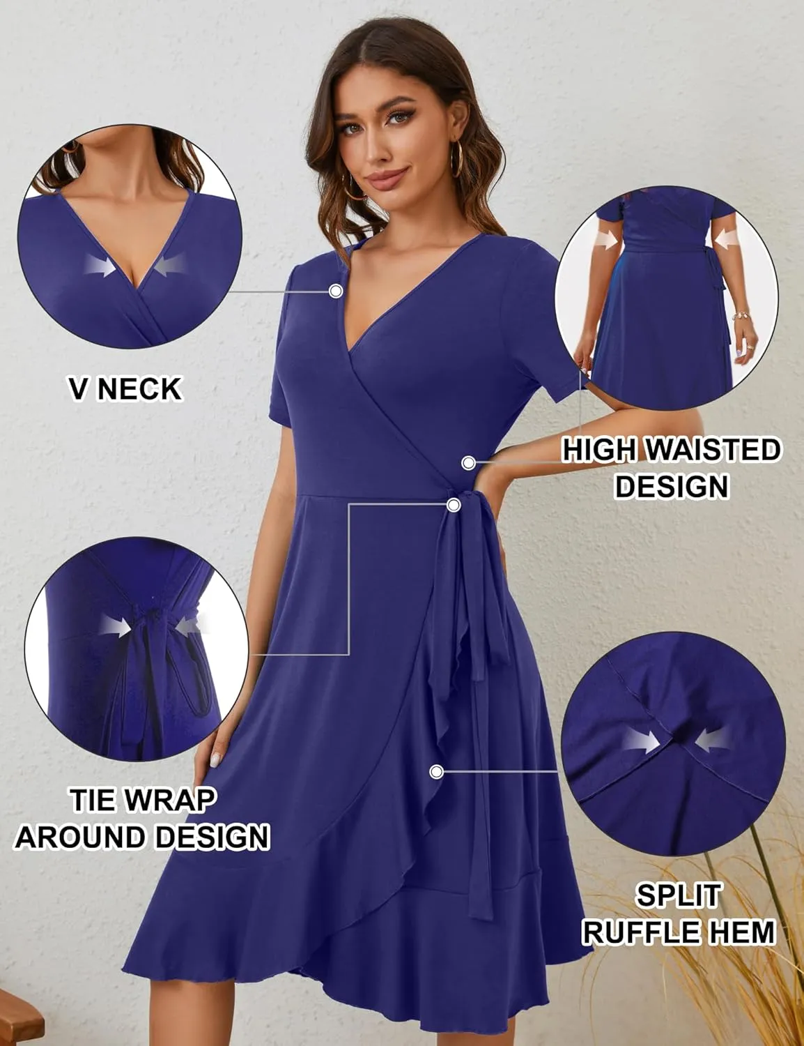MIDNIGHTSUN Women's Wrap Dress V Neck Short Sleeve Waist Tie Ruffle Split Midi Casual Dress