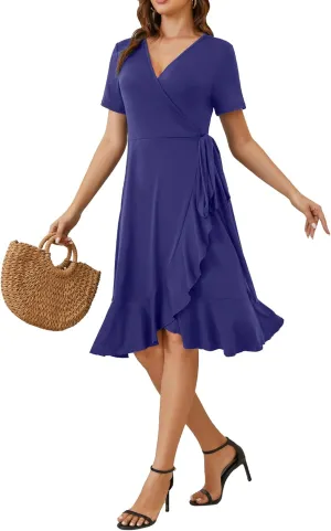 MIDNIGHTSUN Women's Wrap Dress V Neck Short Sleeve Waist Tie Ruffle Split Midi Casual Dress