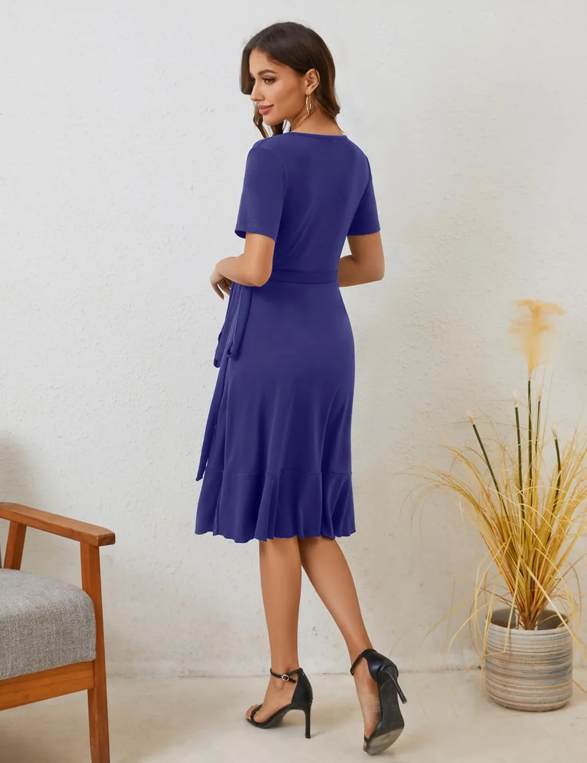 MIDNIGHTSUN Women's Wrap Dress V Neck Short Sleeve Waist Tie Ruffle Split Midi Casual Dress