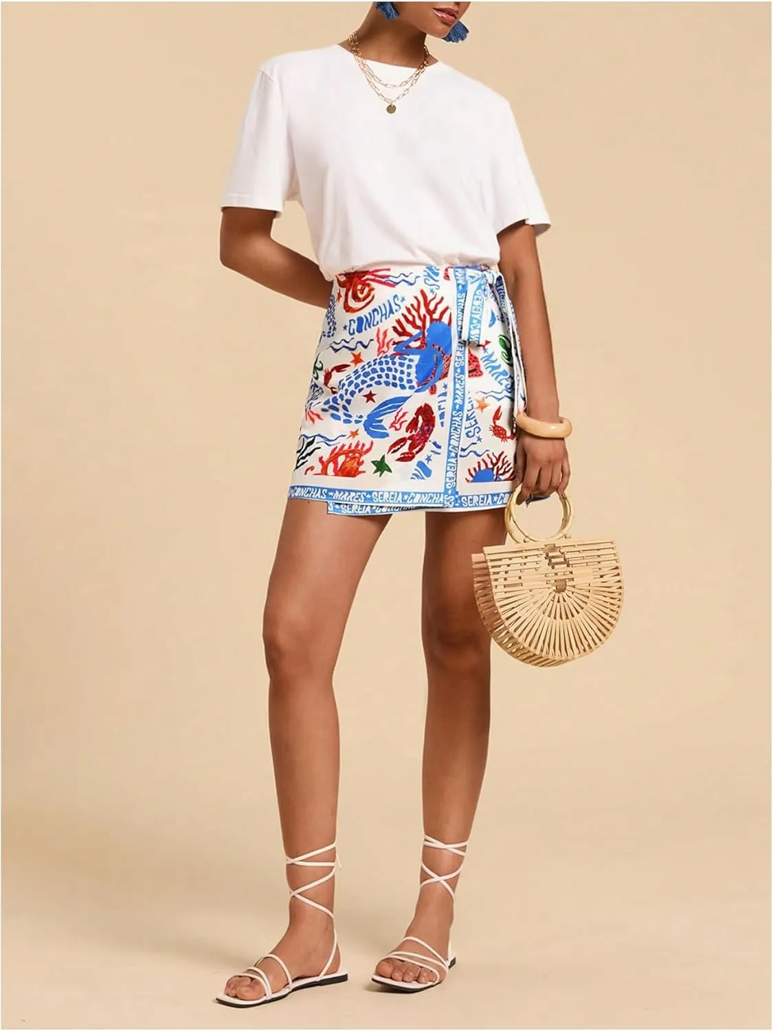 Milumia Women's Letter Graphic Print Knot Side Wrap Skirt High Waisted Boho Summer Mini Skirts