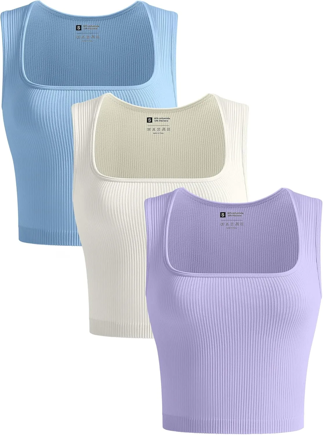 OLCHEE Womens 3 Pack Crop Tank Tops Seamless Ribbed Square Neck Tapered Shoulder Strap Sleeveless Workout Top Summer Shirts