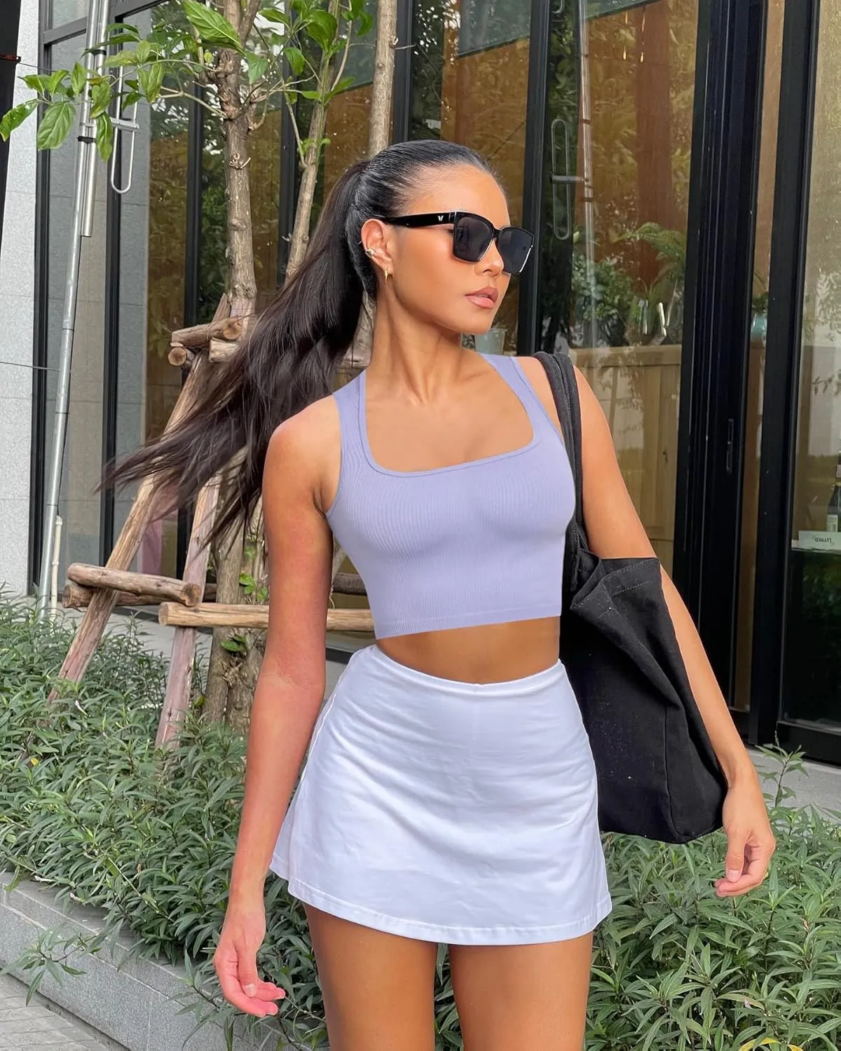 OLCHEE Womens 3 Pack Crop Tank Tops Seamless Ribbed Square Neck Tapered Shoulder Strap Sleeveless Workout Top Summer Shirts