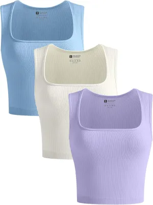 OLCHEE Womens 3 Pack Crop Tank Tops Seamless Ribbed Square Neck Tapered Shoulder Strap Sleeveless Workout Top Summer Shirts