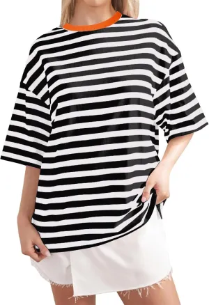 Oversized T Shirts for Women Casual Summer Striped Tops Crew Neck Graphic Tees Short Sleeve Tshirt Loose Fit Pullover