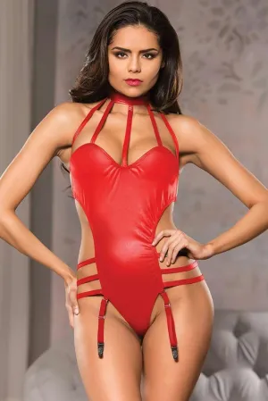 Red Strappy Wet Look Teddy in S-M