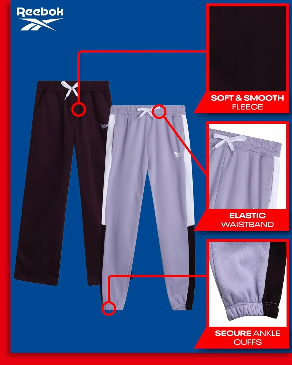 Reebok Girls' Sweatpants - 2 Pack Active Pull On Fleece Joggers and Wide Leg Jogger Pants with Pockets (Sizes: 4-16)