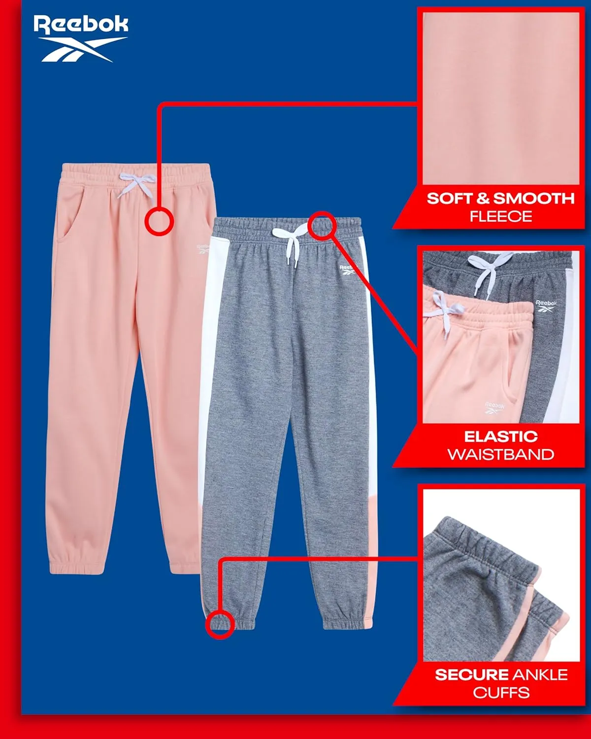 Reebok Girls' Sweatpants - 2 Pack Active Pull On Fleece Joggers and Wide Leg Jogger Pants with Pockets (Sizes: 4-16)