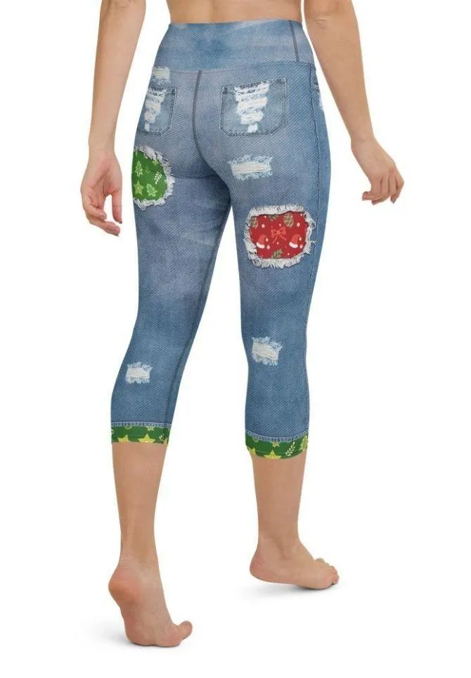 Ripped Denim Christmas Yoga Capris