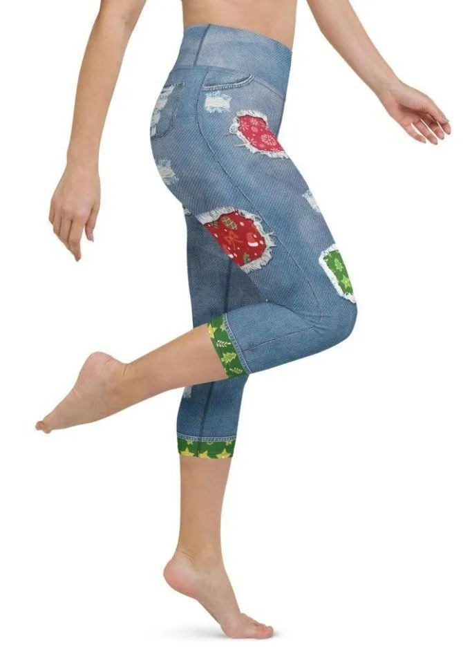 Ripped Denim Christmas Yoga Capris