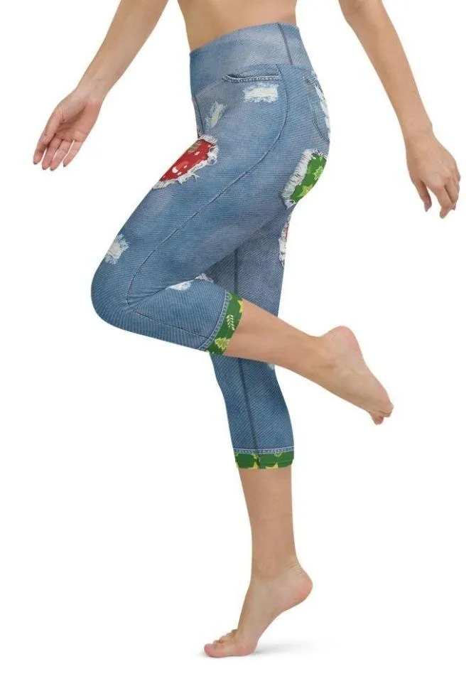 Ripped Denim Christmas Yoga Capris